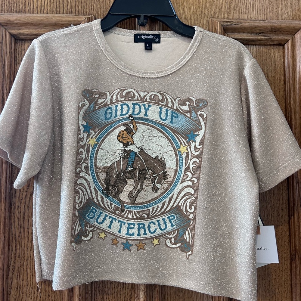 NWT Giddy Up Buttercup Kids crop cowgirl Shirt - Tan size large